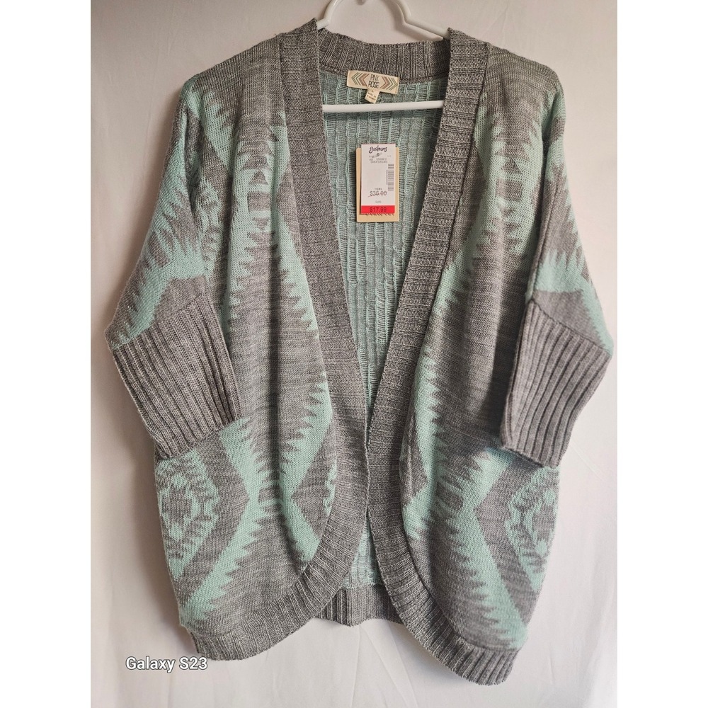 Boho Pink Rose Sweater Cardigan Loose fit Y2K Lg Mint Grey NWT Cotton Blend NWT